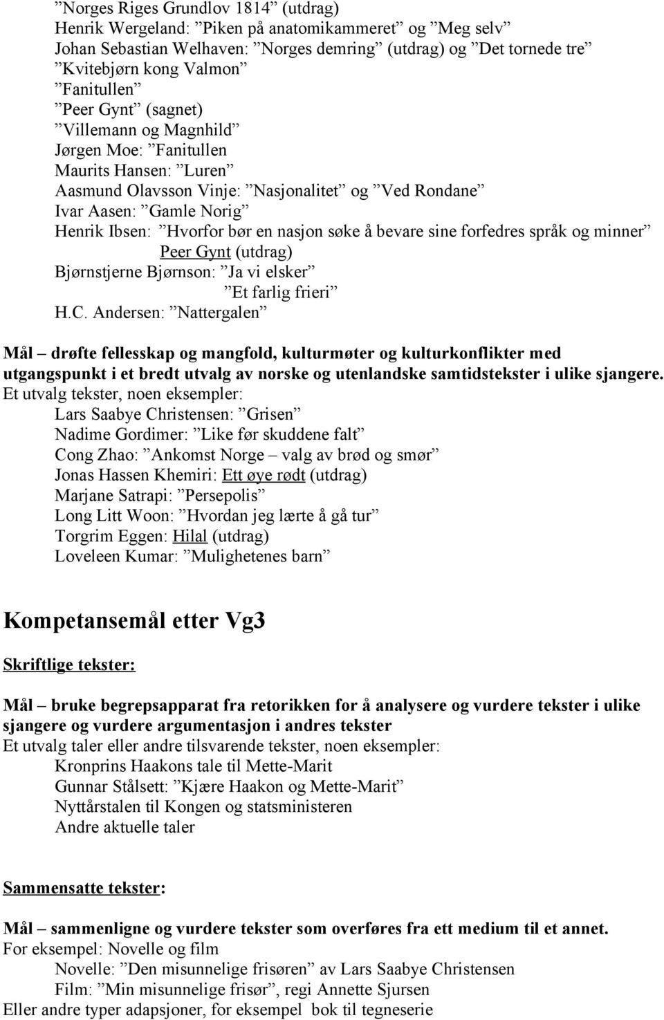 bevare sine forfedres språk og minner Peer Gynt (utdrag) Bjørnstjerne Bjørnson: Ja vi elsker Et farlig frieri H.C.