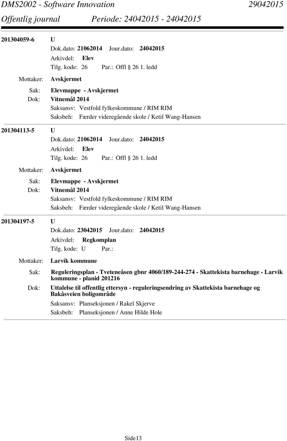 dato: 24042015 Arkivdel: Regkomplan Larvik kommune Reguleringsplan - Tveteneåsen gbnr 4060/189-244-274 - Skattekista barnehage - Larvik kommune - planid 201216