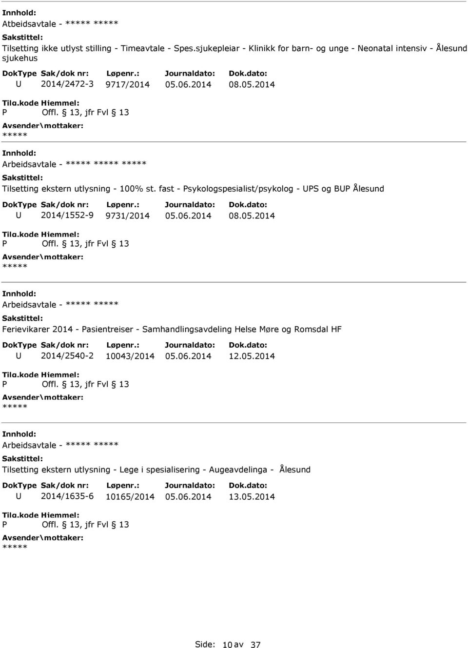 2014 Arbeidsavtale - Tilsetting ekstern utlysning - 100% st. fast - sykologspesialist/psykolog - S og B Ålesund 2014/1552-9 9731/2014 08.05.