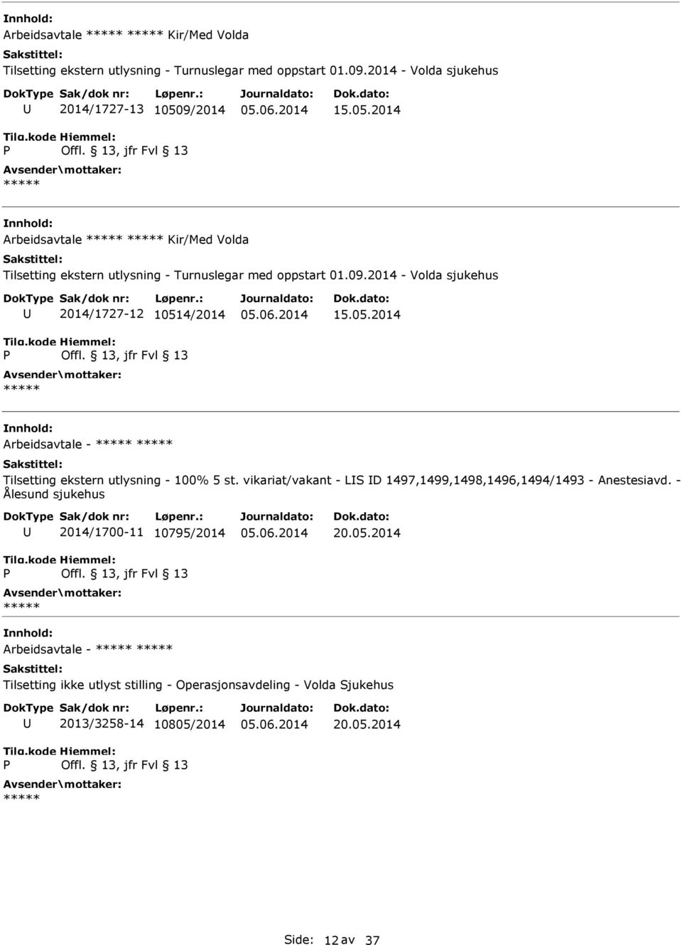 2014 - Volda sjukehus 2014/1727-12 10514/2014 15.05.2014 Arbeidsavtale - Tilsetting ekstern utlysning - 100% 5 st.