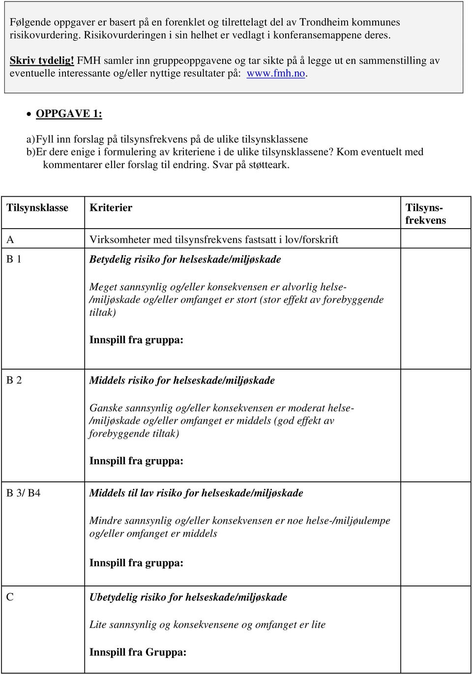 OPPGAVE 1: a) Fyll inn forslag på tilsynsfrekvens på de ulike tilsynsklassene b) Er dere enige i formulering av kriteriene i de ulike tilsynsklassene?