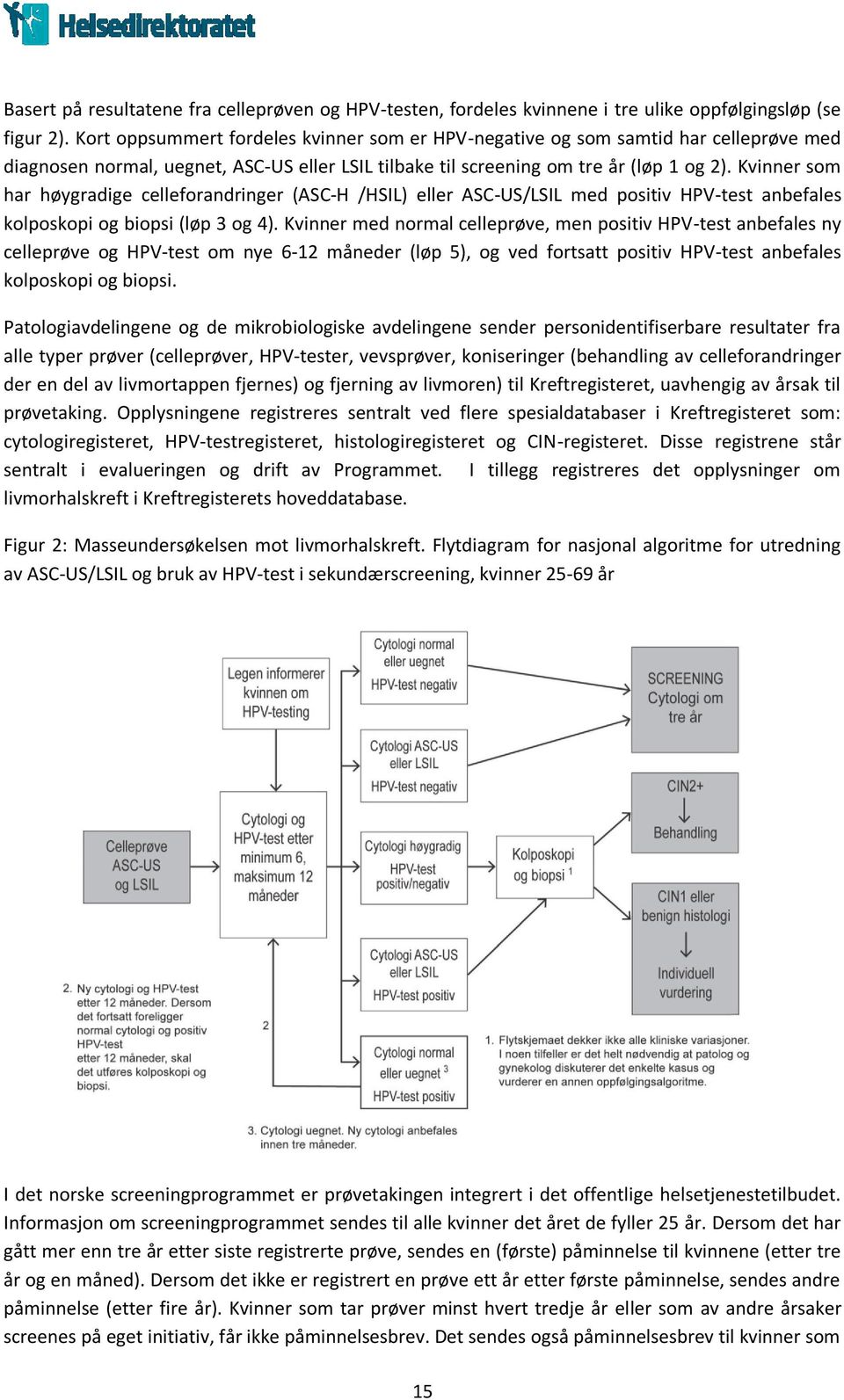 Kvinner som har høygradige celleforandringer (ASC-H /HSIL) eller ASC-US/LSIL med positiv HPV-test anbefales kolposkopi og biopsi (løp 3 og 4).