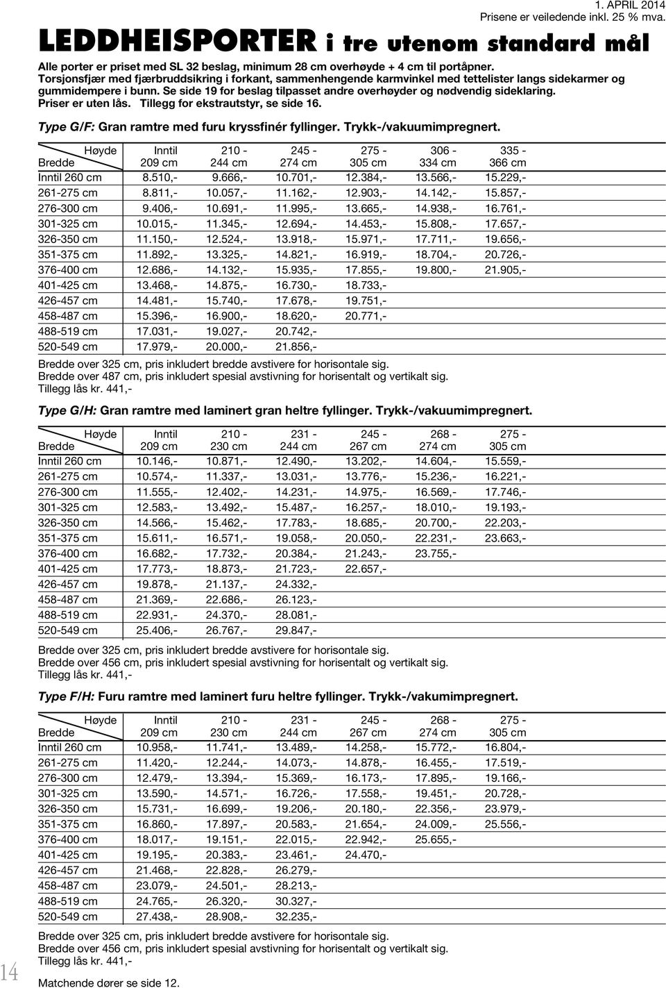 Se side 19 for beslag tilpasset andre overhøyder og nødvendig sideklaring. Priser er uten lås. Tillegg for ekstrautstyr, se side 16. Type G/F: Gran ramtre med furu kryssfinér fyllinger.