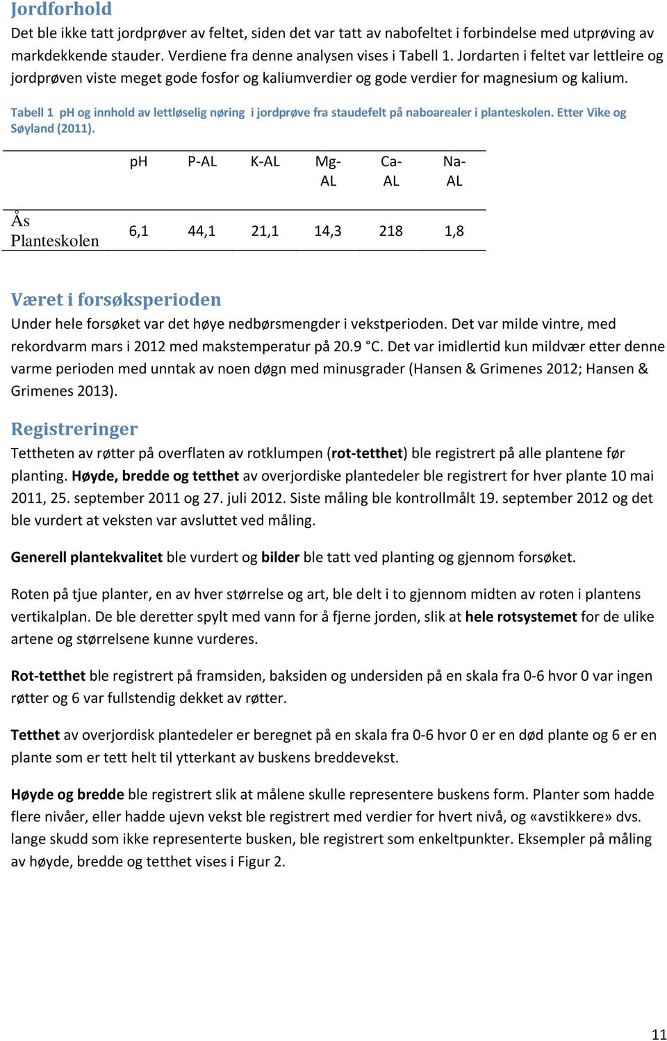 Tabell 1 ph og innhold av lettløselig nøring i jordprøve fra staudefelt på naboarealer i planteskolen. Etter Vike og Søyland (2011).