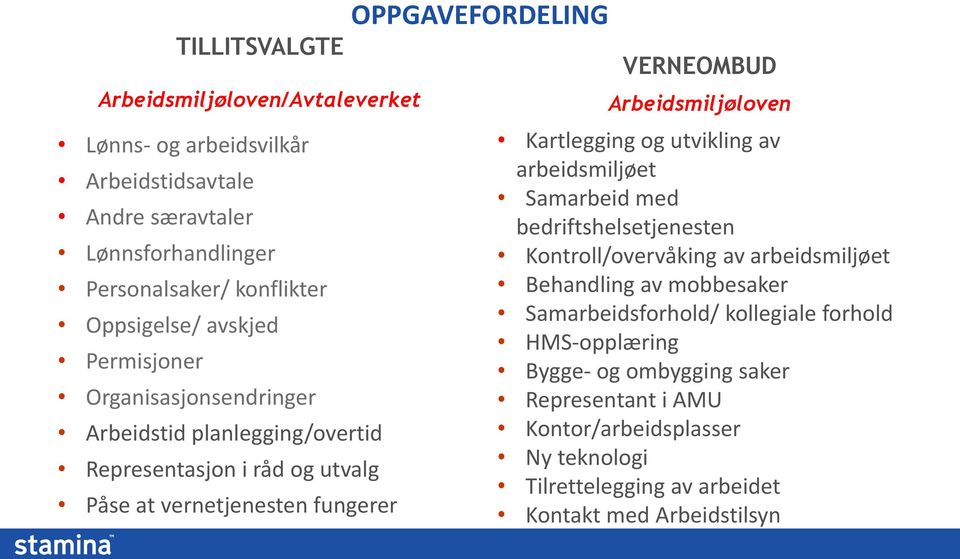 Arbeidsmiljøloven Kartlegging og utvikling av arbeidsmiljøet Samarbeid med bedriftshelsetjenesten Kontroll/overvåking av arbeidsmiljøet Behandling av mobbesaker