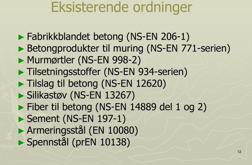 Tilslag til betong (NS-EN 12620) Silikastøv (NS-EN 13267) Fiber til betong (NS-EN