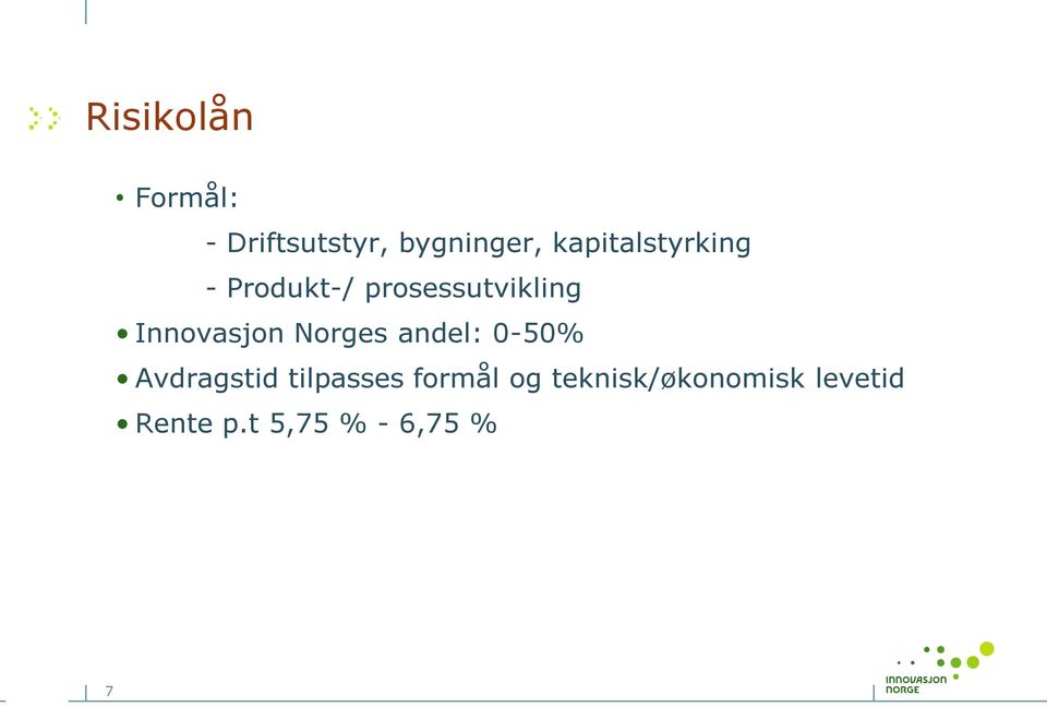 Innovasjon Norges andel: 0-50% Avdragstid tilpasses