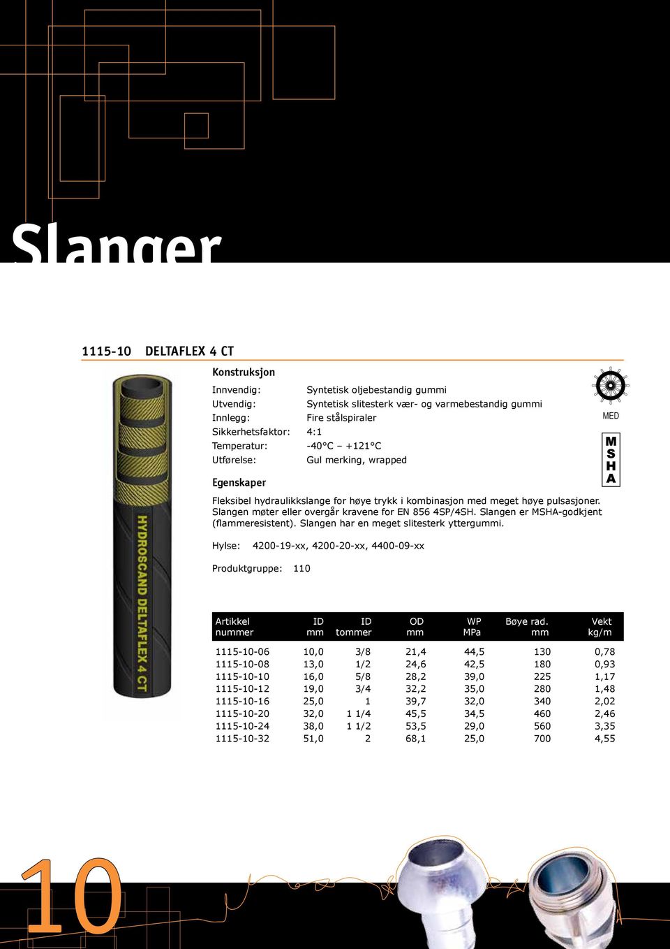 Slangen møter eller overgår kravene for EN 856 4SP/4SH. Slangen er MSHA-godkjent (flammeresistent). Slangen har en meget slitesterk yttergummi.