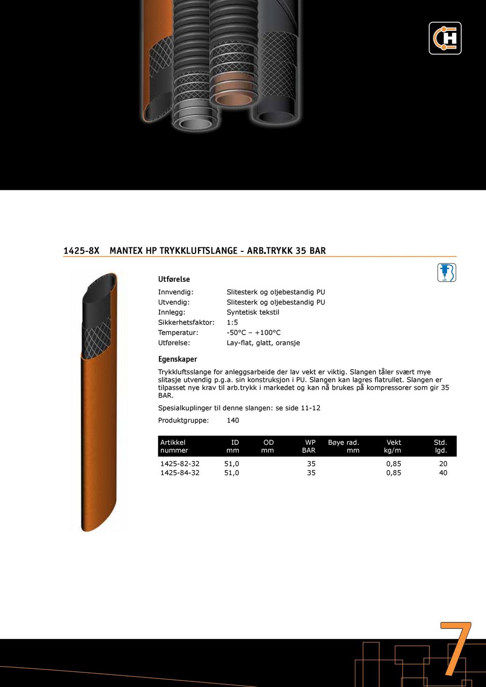 tekstil -50 C +100 C Lay-flat, glatt, oransje Trykkluftsslange for anleggsarbeide der lav vekt er viktig. Slangen tåler svært mye slitasje utvendig p.g.a. sin konstruksjon i PU.