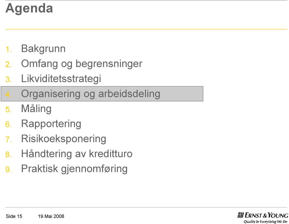 Organisering og arbeidsdeling 5. Måling 6.