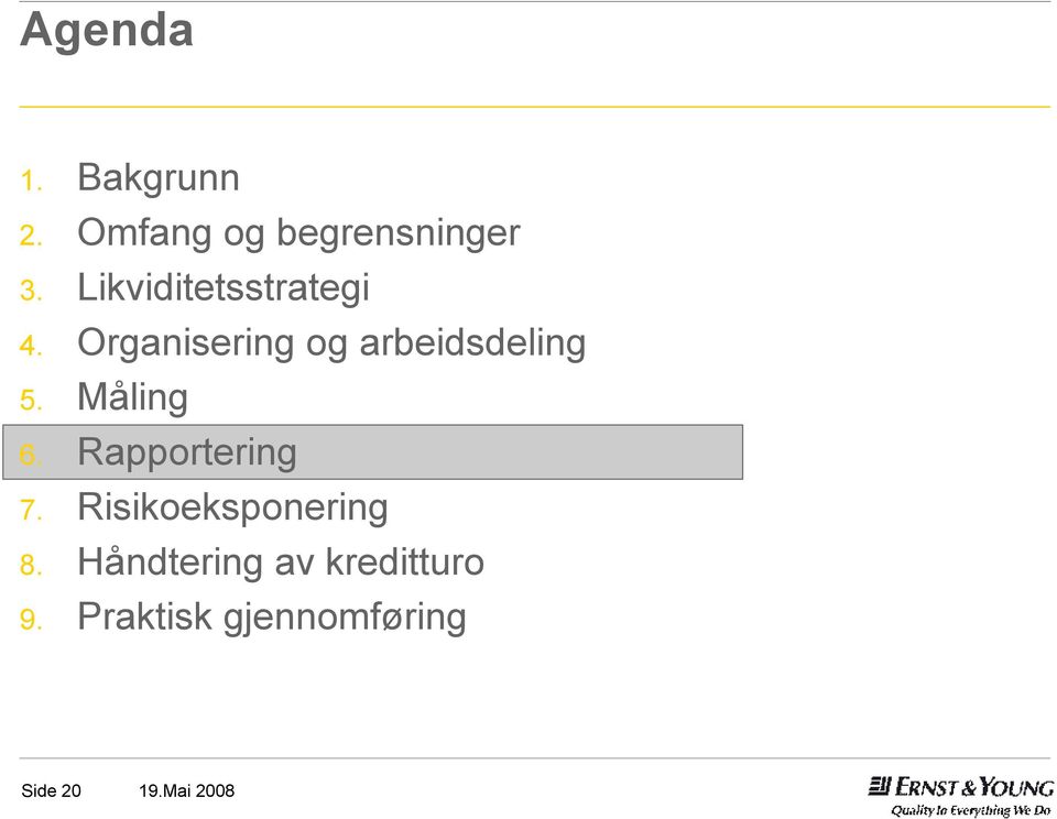 Organisering og arbeidsdeling 5. Måling 6.