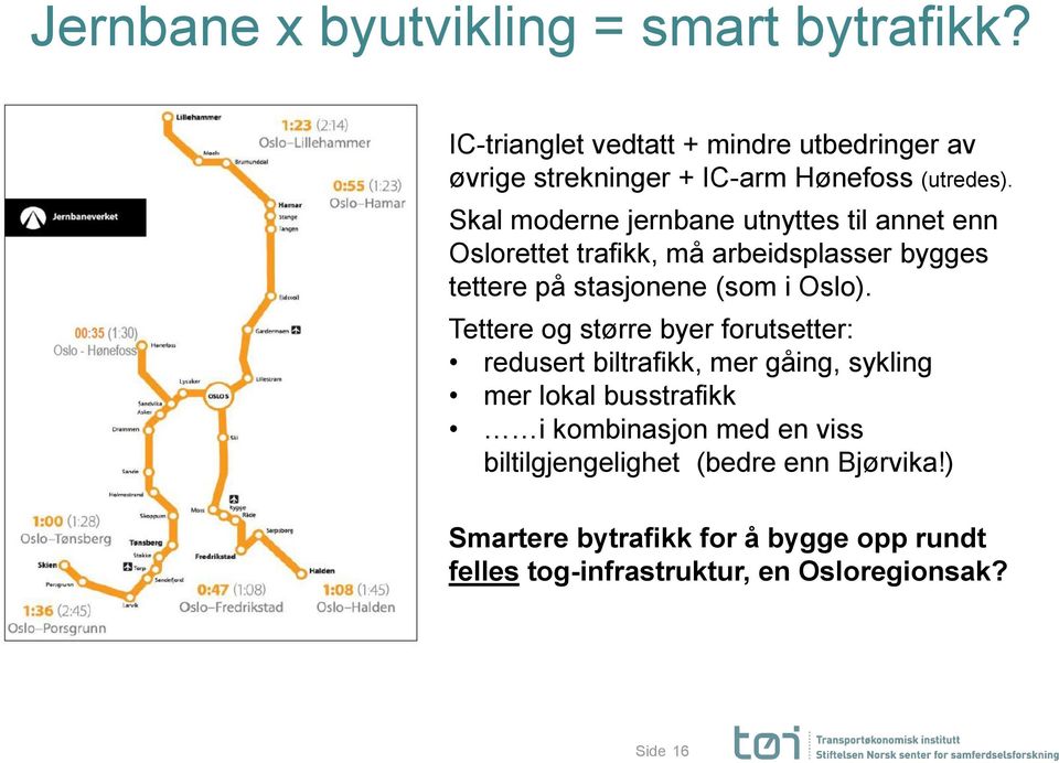 Skal moderne jernbane utnyttes til annet enn Oslorettet trafikk, må arbeidsplasser bygges tettere på stasjonene (som i Oslo).