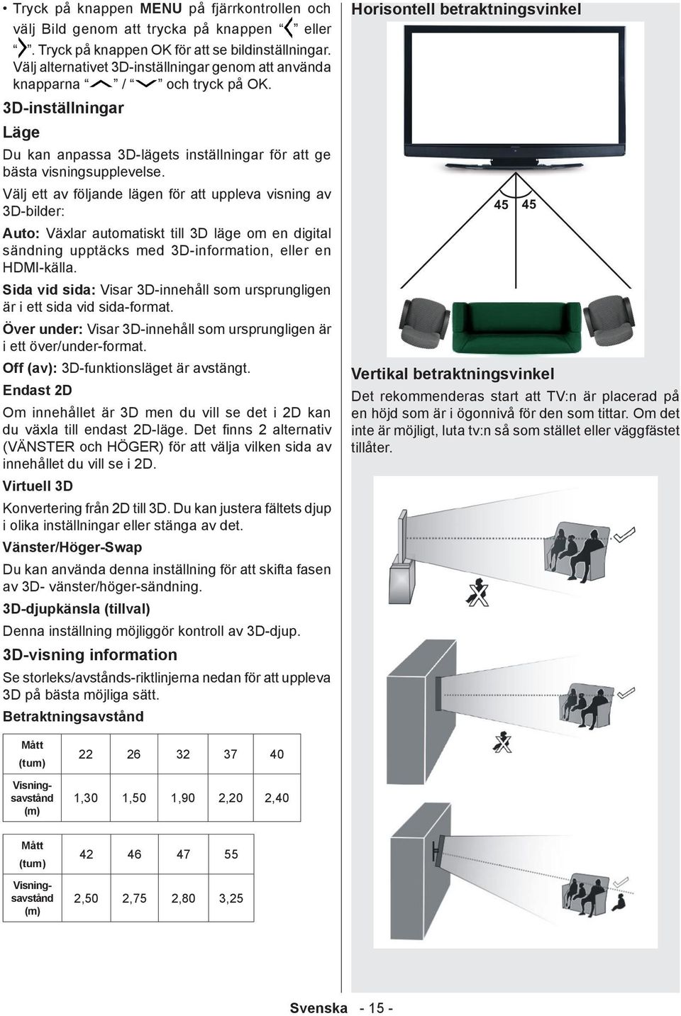 Välj ett av följande lägen för att uppleva visning av 3D-bilder: Auto: Växlar automatiskt till 3D läge om en digital sändning upptäcks med 3D-information, eller en HDMI-källa.