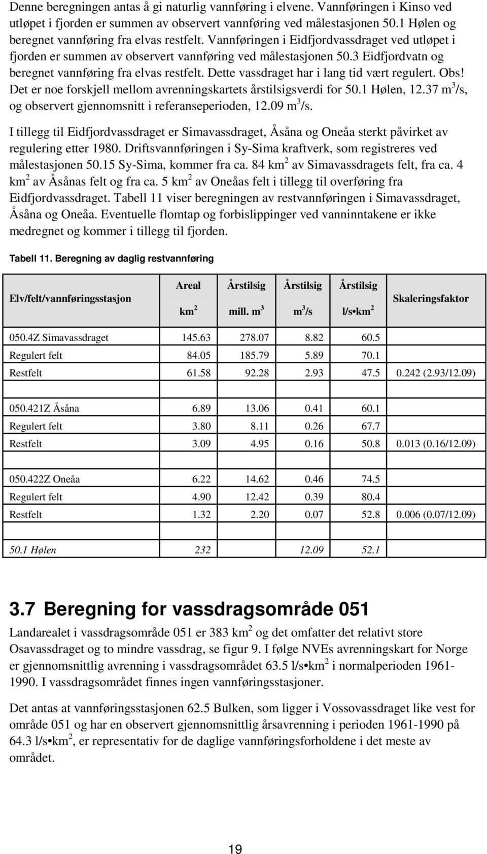 3 Eidfjordvatn og beregnet vannføring fra elvas restfelt. Dette vassdraget har i lang tid vært regulert. Obs! Det er noe forskjell mellom avrenningskartets årstilsigsverdi for 50.1 Hølen, 12.