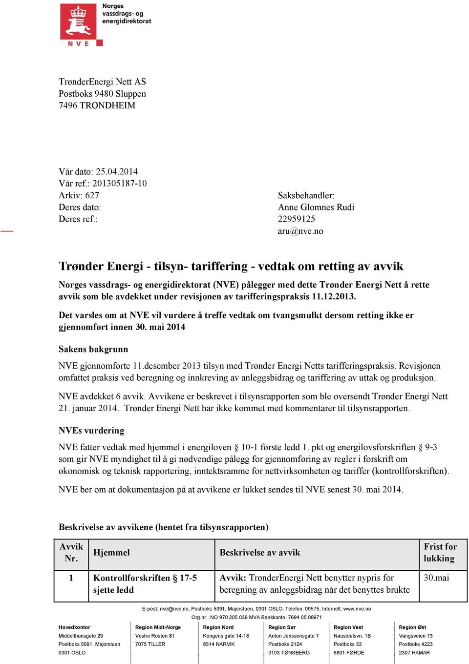 av tarifferingspraksis 11.12.2013. Det varsles om at NVE vil vurdere å treffe vedtak om tvangsmulkt dersom retting ikke er gjennomført innen 30. mai 2014 Sakens bakgrunn NVE gjennomførte 11.