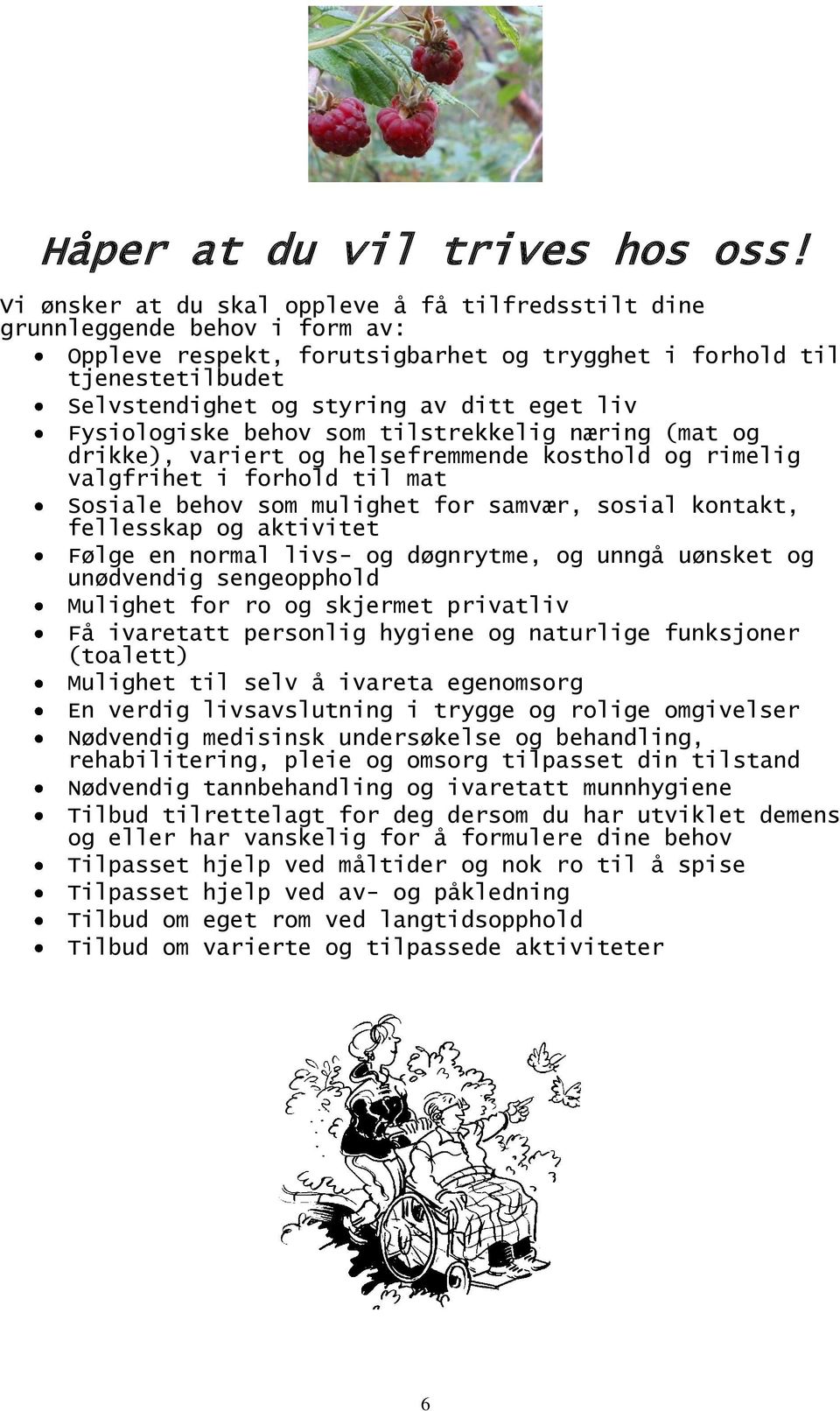 liv Fysiologiske behov som tilstrekkelig næring (mat og drikke), variert og helsefremmende kosthold og rimelig valgfrihet i forhold til mat Sosiale behov som mulighet for samvær, sosial kontakt,