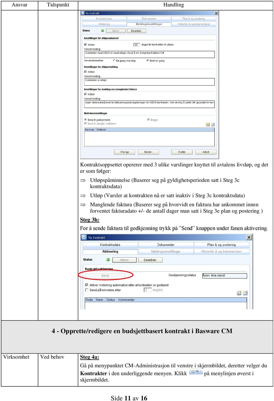 Steg 3e plan og postering ) Steg 3h: For å sende faktura til godkjenning trykk på Send knappen under fanen aktivering.