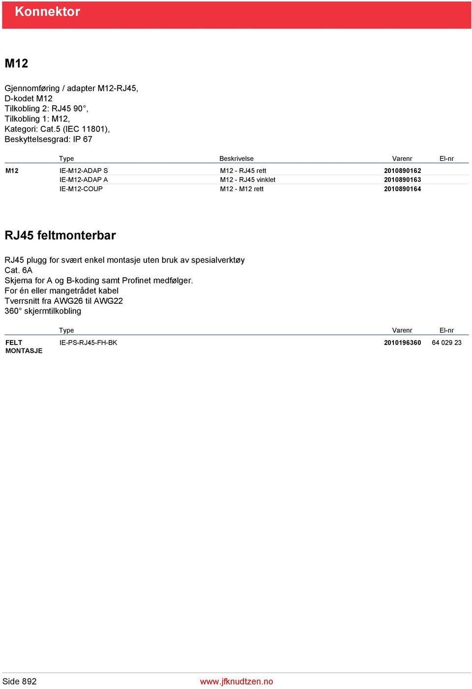 2010890163 IE-M12-COUP M12 - M12 rett 2010890164 RJ45 feltmonterbar RJ45 plugg for svært enkel montasje uten bruk av spesialverktøy Cat.