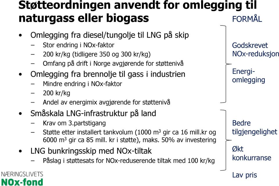 Småskala LNG-infrastruktur på land Krav om 3.partstigang Støtte etter installert tankvolum (1000 m 3 gir ca 16 mill.kr og 6000 m 3 gir ca 85 mill. kr i støtte), maks.