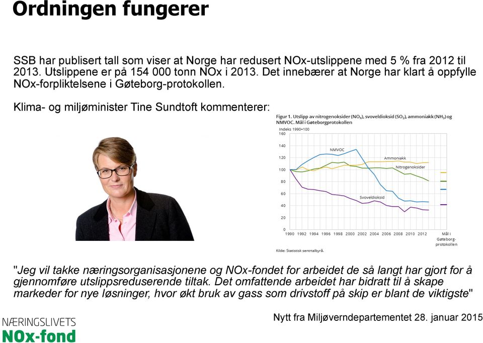 Klima- og miljøminister Tine Sundtoft kommenterer: "Jeg vil takke næringsorganisasjonene og NOx-fondet for arbeidet de så langt har gjort for å
