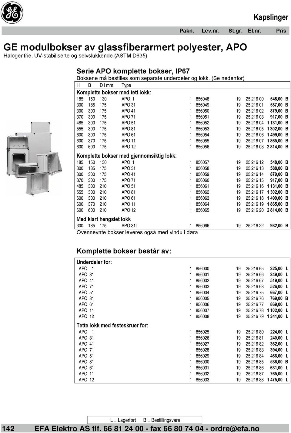 Pris GE modulbokser av glassfiberarmert polyester, APO Halogenfrie, UV-stabiliserte og selvslukkende (ASTM D635) Serie APO komplette bokser, IP67 Boksene må bestilles som separate underdeler og lokk.