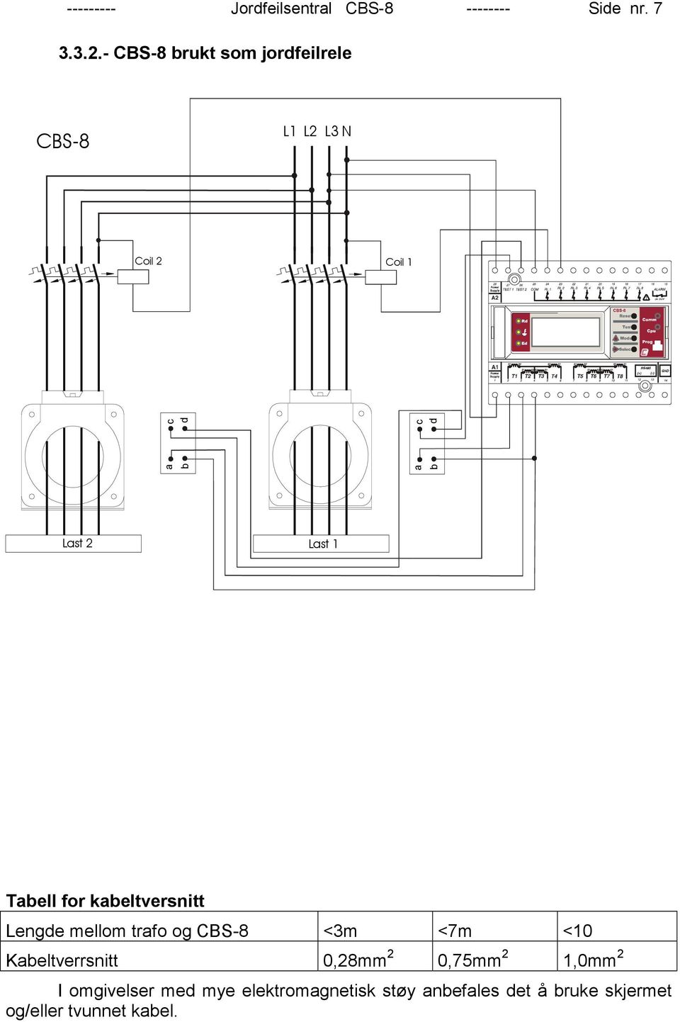 Last 1 Tabell for kabeltversnitt Lengde mellom trafo og CBS-8 <3m <7m <10 Kabeltverrsnitt