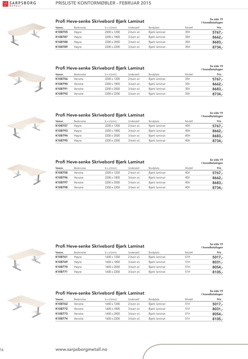 Bjørk laminat 35H 8734,- Profi Heve-senke Skrivebord Bjørk Laminat Se side 19 K108756 Venstre 2200 x 1200 2-bein el. Bjørk laminat 35V 5767,- K108790 Venstre 2200 x 1800 3-bein el.