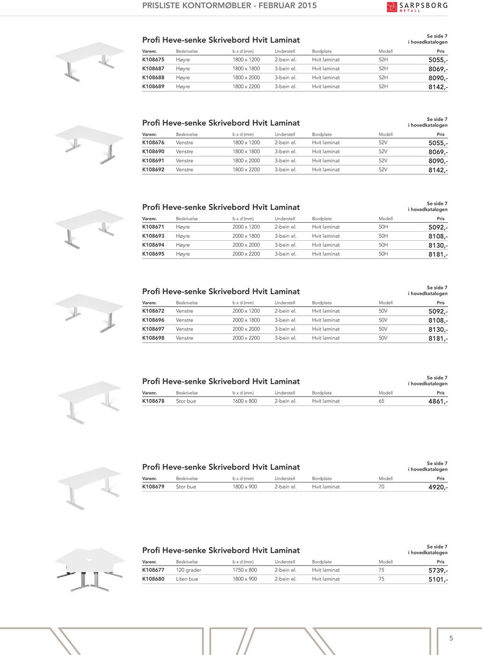 Hvit laminat 52H 8142,- Profi Heve-senke Skrivebord Hvit Laminat Se side 7 K108676 Venstre 1800 x 1200 2-bein el. Hvit laminat 52V 5055,- K108690 Venstre 1800 x 1800 3-bein el.