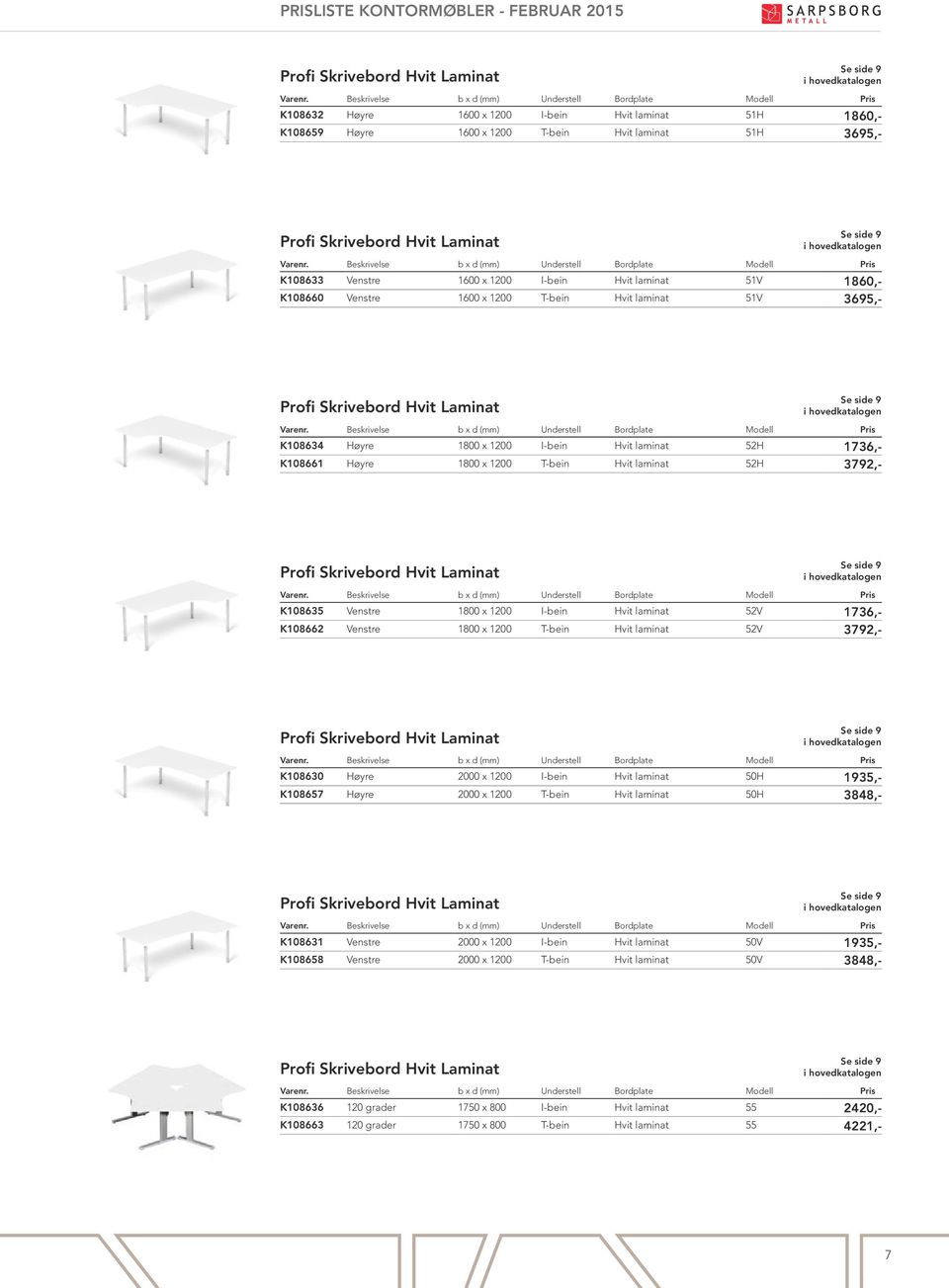 laminat 52H 1736,- K108661 Høyre 1800 x 1200 T-bein Hvit laminat 52H 3792,- Profi Skrivebord Hvit Laminat Se side 9 K108635 Venstre 1800 x 1200 I-bein Hvit laminat 52V 1736,- K108662 Venstre 1800 x