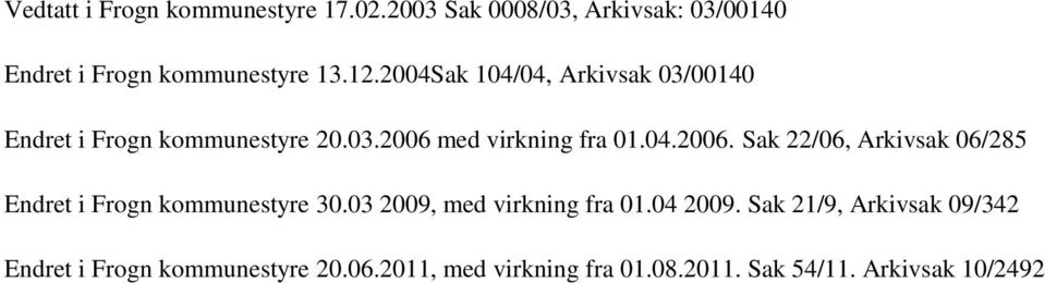 med virkning fra 01.04.2006. Sak 22/06, Arkivsak 06/285 Endret i Frogn kommunestyre 30.