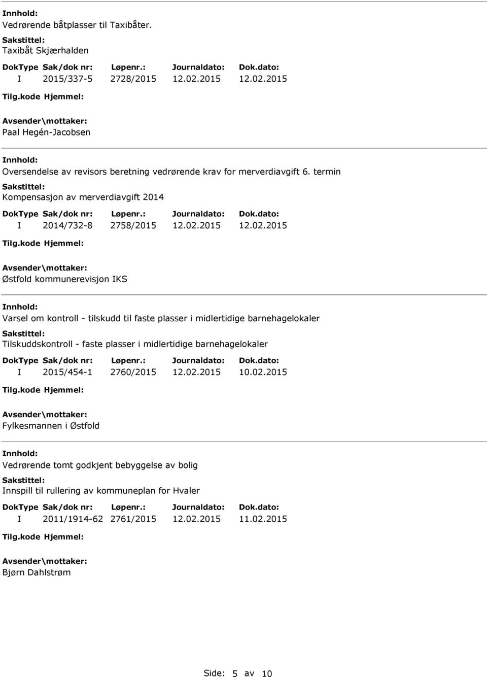 termin Kompensasjon av merverdiavgift 2014 2014/732-8 2758/2015 Østfold kommunerevisjon KS Varsel om kontroll - tilskudd til faste plasser i