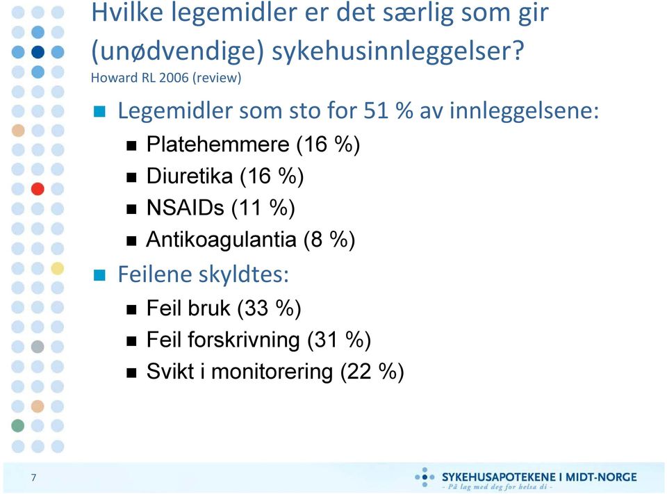 Platehemmere (16 %) Diuretika (16 %) NSAIDs (11 %) Antikoagulantia (8 %)
