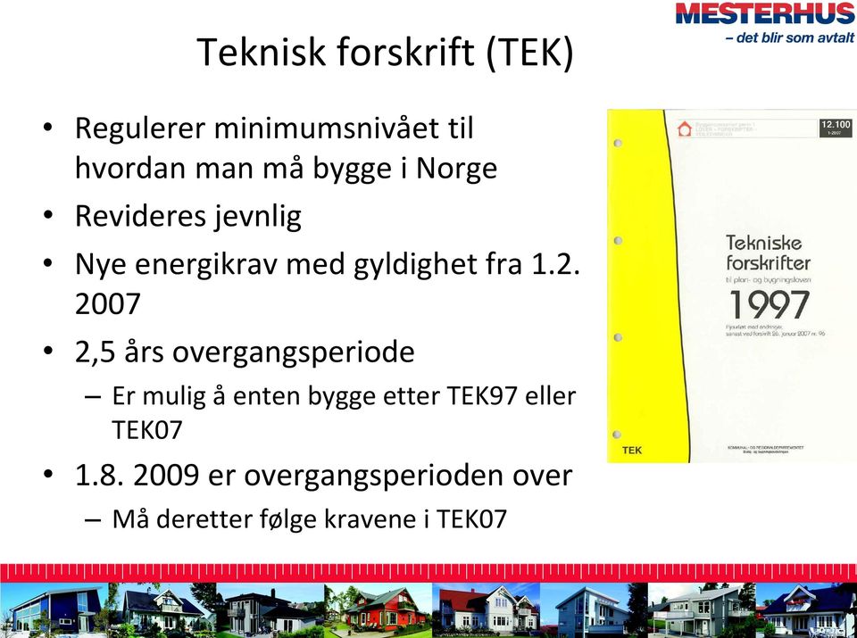 2007 2,5 års overgangsperiode Er mulig å enten bygge etter TEK97 eller