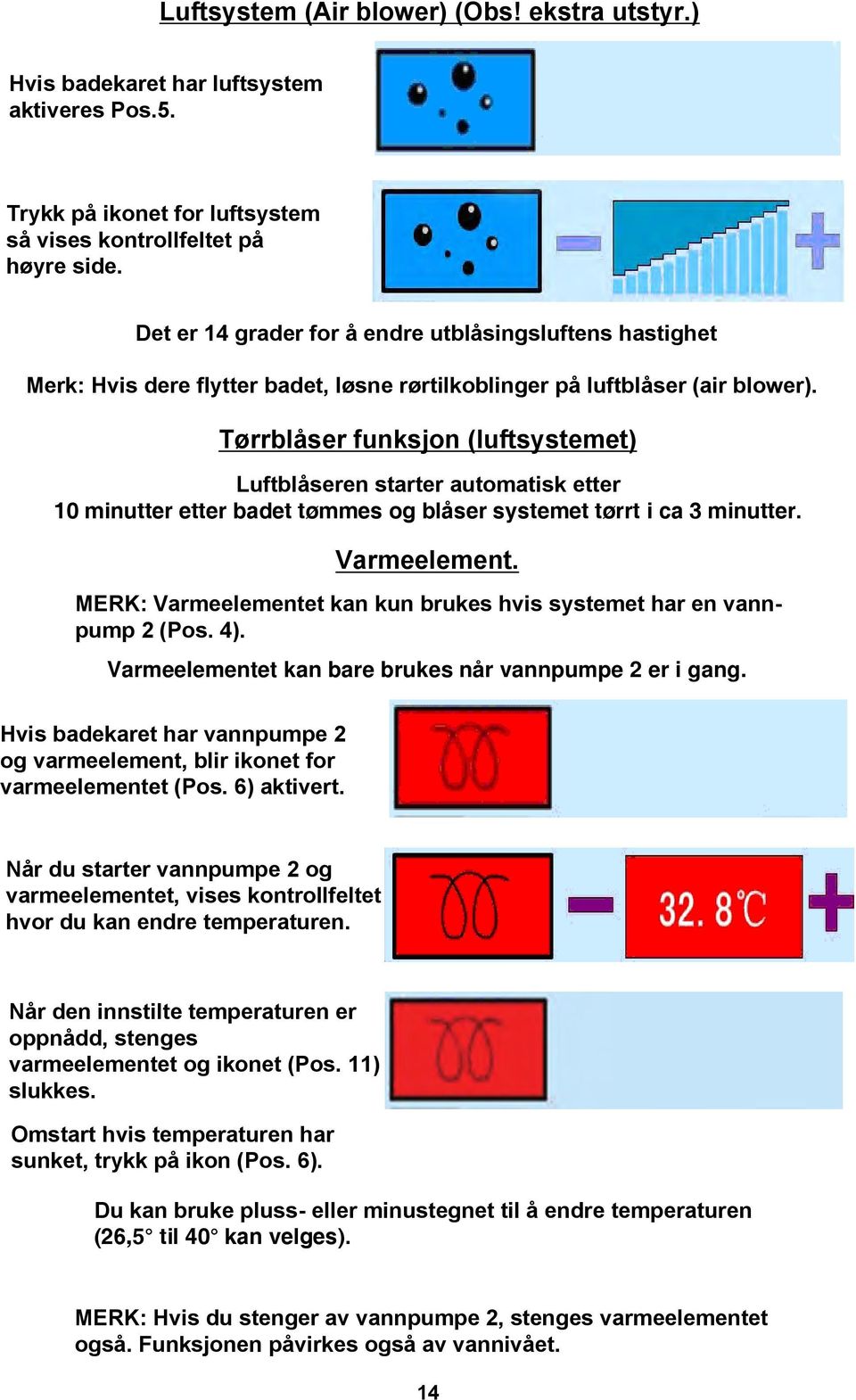 Tørrblåser funksjon (luftsystemet) Luftblåseren starter automatisk etter 10 minutter etter badet tømmes og blåser systemet tørrt i ca 3 minutter. Varmeelement.