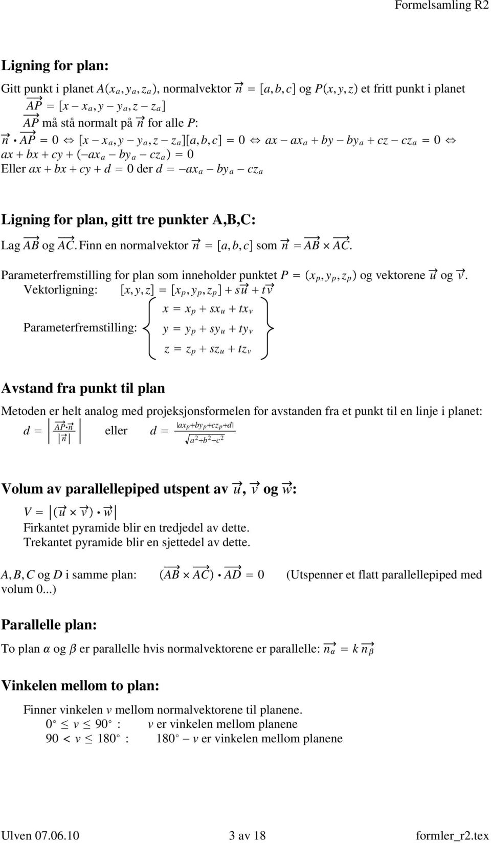 Parameterfremstillig for pla som ieholder puktet P x p, y p, z p og vektoree u og v.