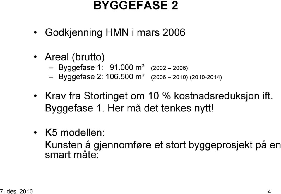 500 m² (2006 2010) (2010-2014) Krav fra Stortinget om 10 % kostnadsreduksjon