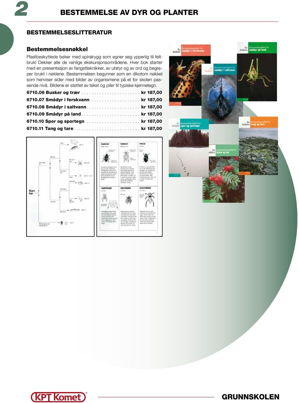 Bestemmelsen begynner som en dikotom nøkkel som henviser sider med bilder av organismene på et for skolen passende nivå. Bildene er støttet av tekst og piler til typiske kjennetegn. 6710.