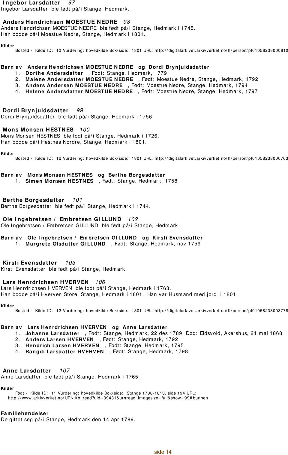 Anders Hendrichsen MOESTUE NEDRE og Dordi Brynjuldsdatter Dorthe Andersdatter, : Stange, Hedmark, 1779 Malene Andersdatter MOESTUE NEDRE, : Moestue Nedre, Stange, Hedmark, 1792 Anders Andersen