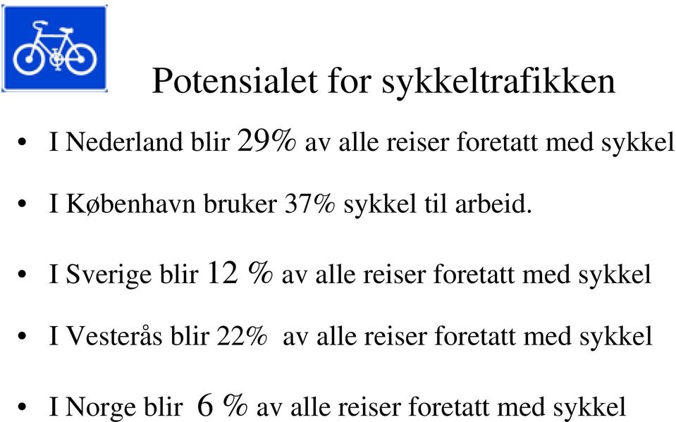 I Sverige blir 12 % av alle reiser foretatt med sykkel I Vesterås blir