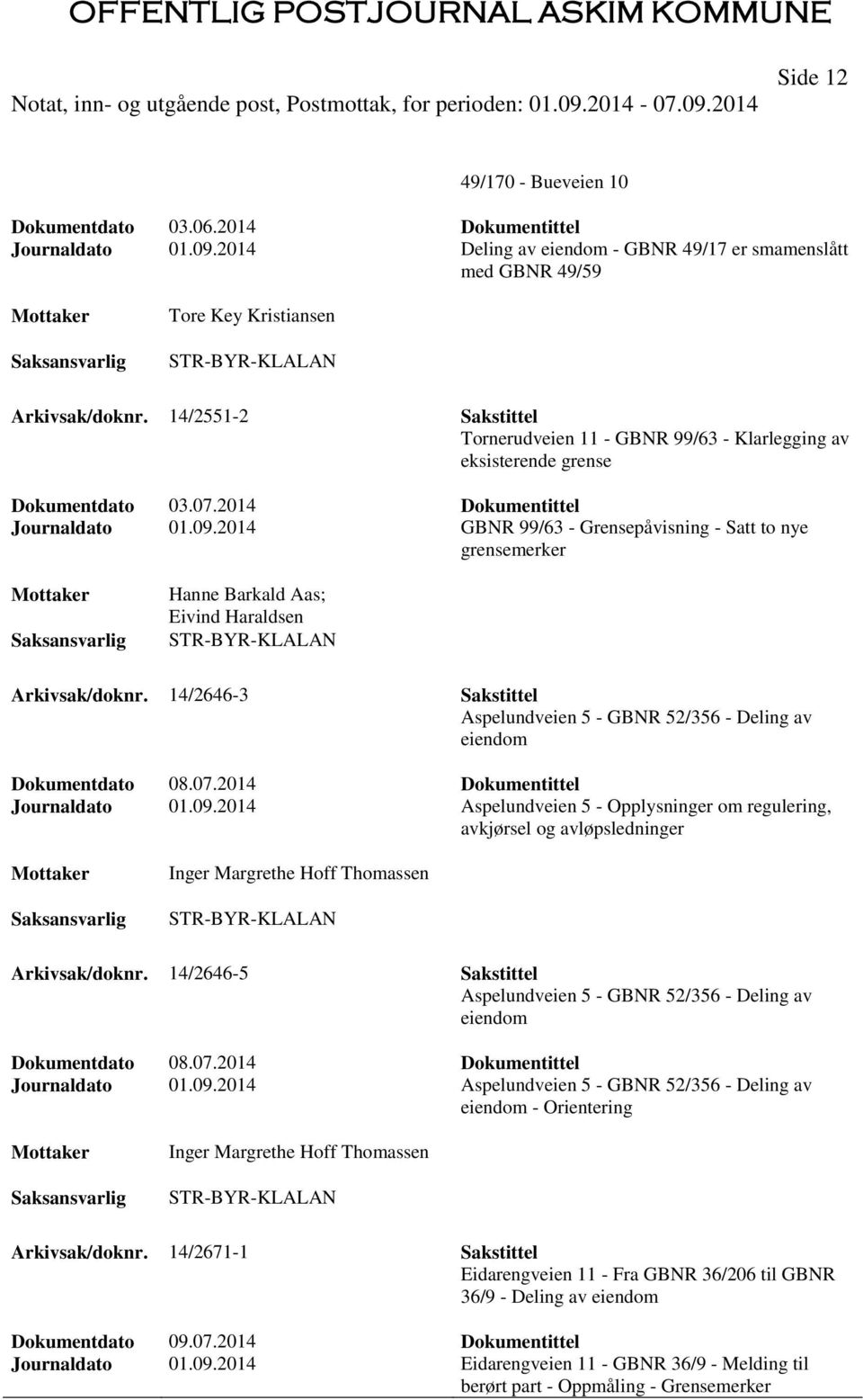 14/2551-2 Sakstittel Tornerudveien 11 - GBNR 99/63 - Klarlegging av eksisterende grense Dokumentdato 03.07.2014 Dokumentittel Journaldato 01.09.