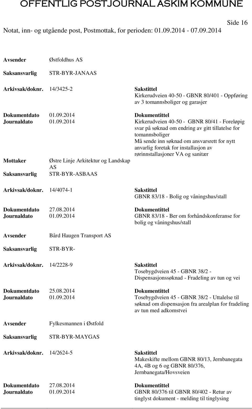 2014 Kirkerudveien 40-50 - GBNR 80/41 - Foreløpig svar på søknad om endring av gitt tillatelse for tomannsboliger Må sende inn søknad om ansvarsrett for nytt anvarlig foretak for installasjon av