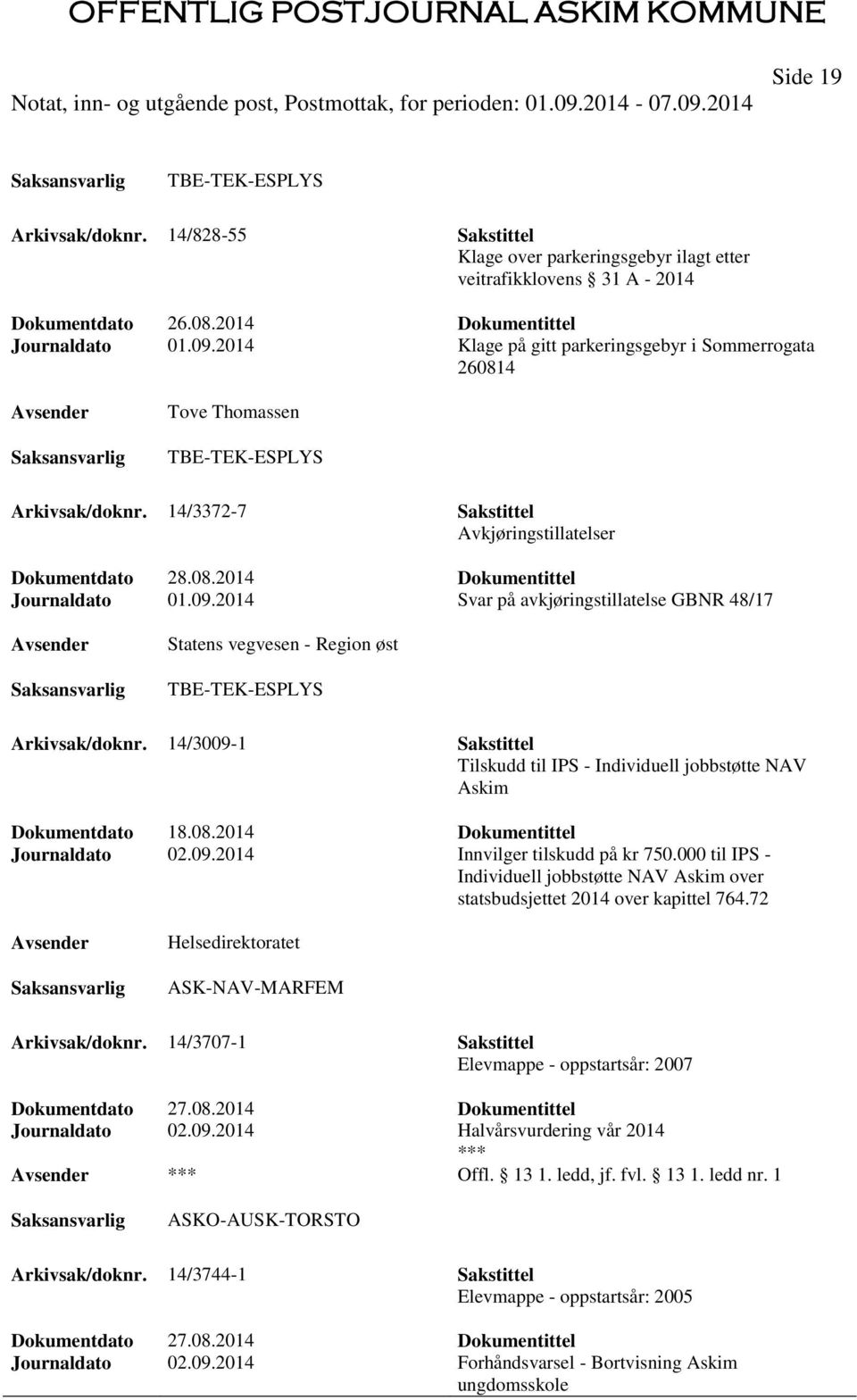 09.2014 Svar på avkjøringstillatelse GBNR 48/17 Statens vegvesen - Region øst TBE-TEK-ESPLYS Arkivsak/doknr. 14/3009-1 Sakstittel Tilskudd til IPS - Individuell jobbstøtte NAV Askim Dokumentdato 18.