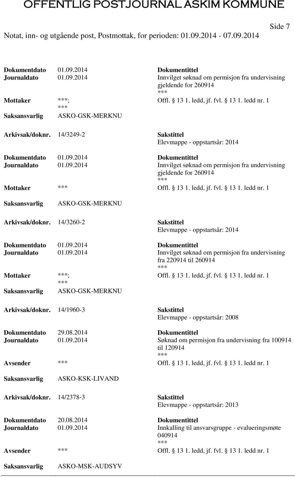 13 1. ledd, jf. fvl. 13 1. ledd nr. 1 ASKO-GSK-MERKNU Arkivsak/doknr. 14/3260-2 Sakstittel Elevmappe - oppstartsår: 2014 Dokumentdato 01.09.