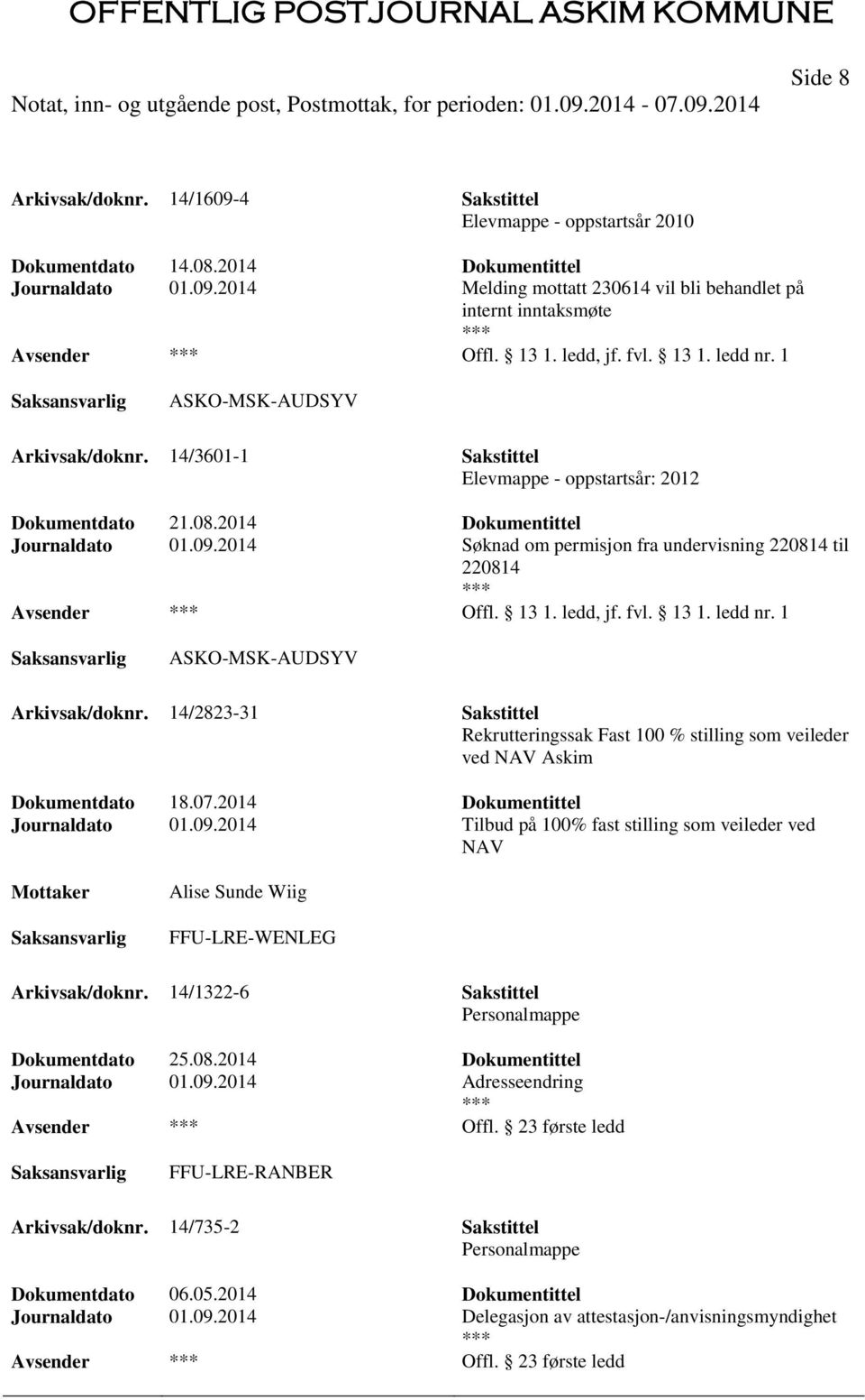 2014 Søknad om permisjon fra undervisning 220814 til 220814 Offl. 13 1. ledd, jf. fvl. 13 1. ledd nr. 1 ASKO-MSK-AUDSYV Arkivsak/doknr.