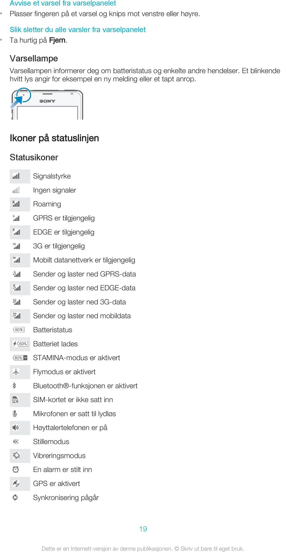 Ikoner på statuslinjen Statusikoner Signalstyrke Ingen signaler Roaming GPRS er tilgjengelig EDGE er tilgjengelig 3G er tilgjengelig Mobilt datanettverk er tilgjengelig Sender og laster ned GPRS-data