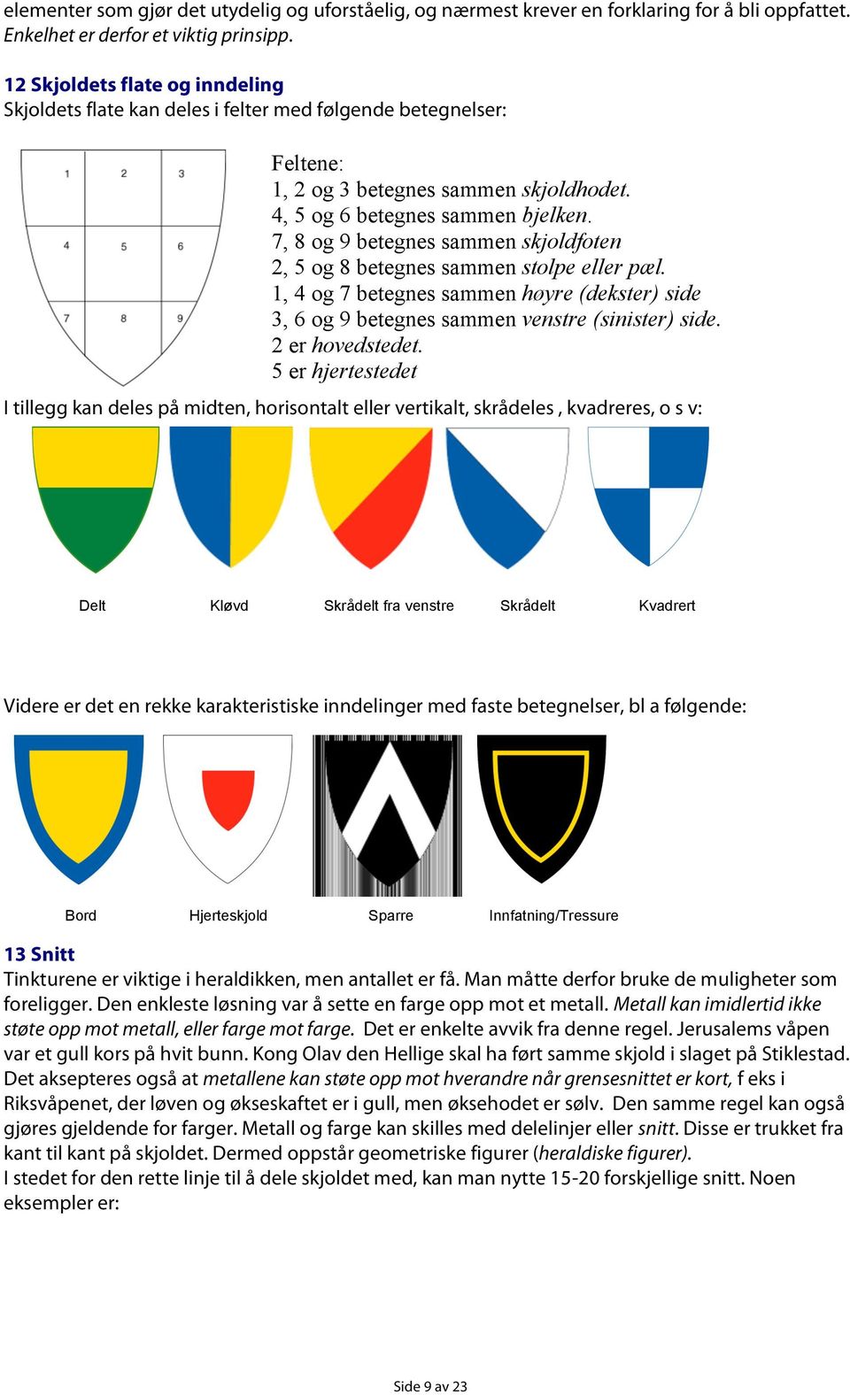 7, 8 og 9 betegnes sammen skjoldfoten 2, 5 og 8 betegnes sammen stolpe eller pæl. 1, 4 og 7 betegnes sammen høyre (dekster) side 3, 6 og 9 betegnes sammen venstre (sinister) side. 2 er hovedstedet.