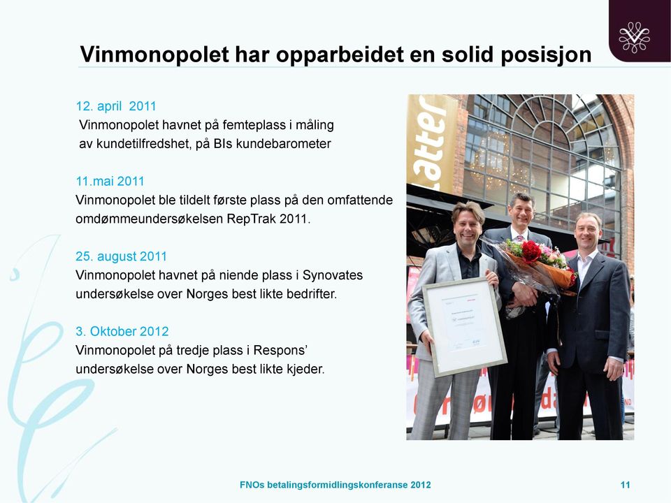 mai 2011 Vinmonopolet ble tildelt første plass på den omfattende omdømmeundersøkelsen RepTrak 2011. 25.