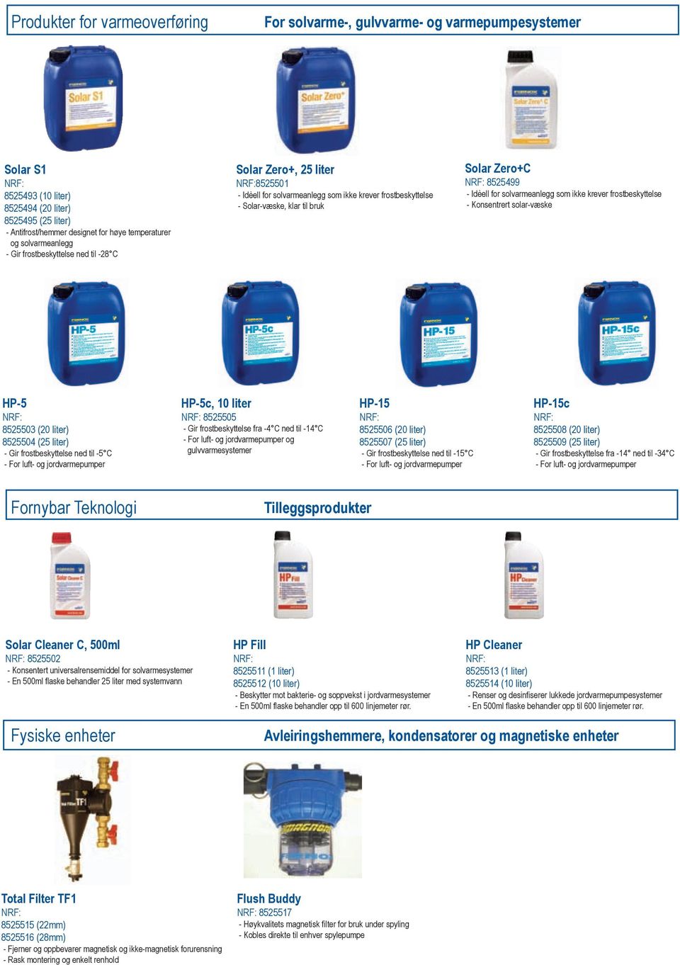 8525499 - Idèell for solvarmeanlegg som ikke krever frostbeskyttelse - Konsentrert solar-væske HP-5 8525503 (20 liter) 8525504 (25 liter) - Gir frostbeskyttelse ned til -5 C - For luft- og