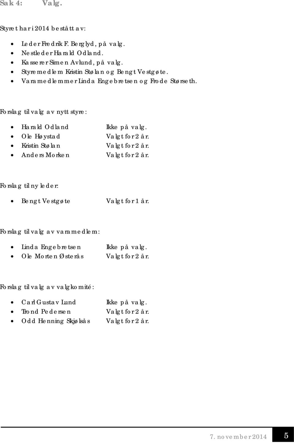 Ole Høystad Valgt for 2 år. Kristin Stølan Valgt for 2 år. Anders Morken Valgt for 2 år. Forslag til ny leder: Bengt Vestgøte Valgt for 1 år.