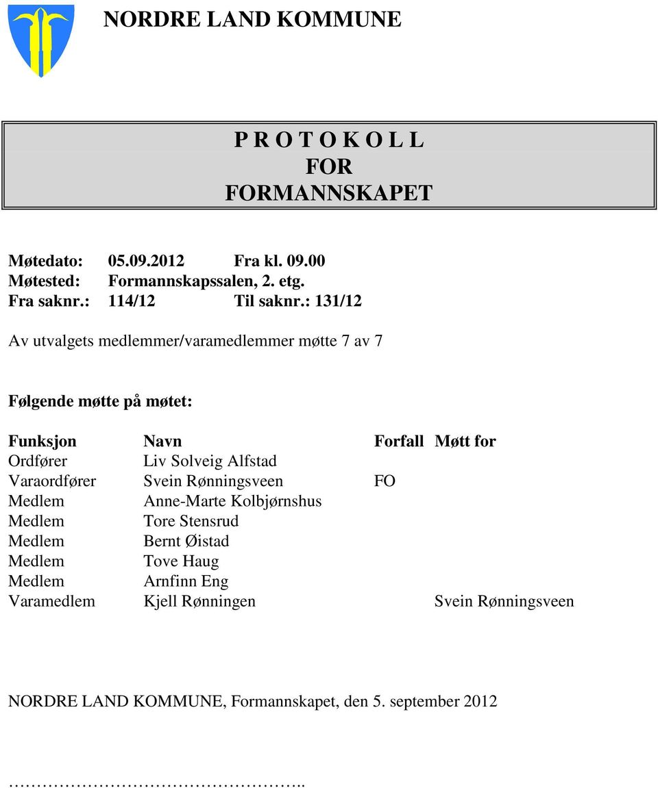 : 131/12 Av utvalgets medlemmer/varamedlemmer møtte 7 av 7 Følgende møtte på møtet: Funksjon Navn Forfall Møtt for Ordfører Liv Solveig